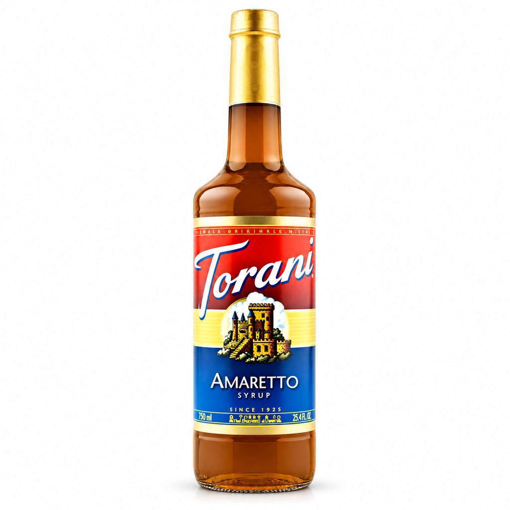 Torani Amaretto syrup 750 ml i glasflaska